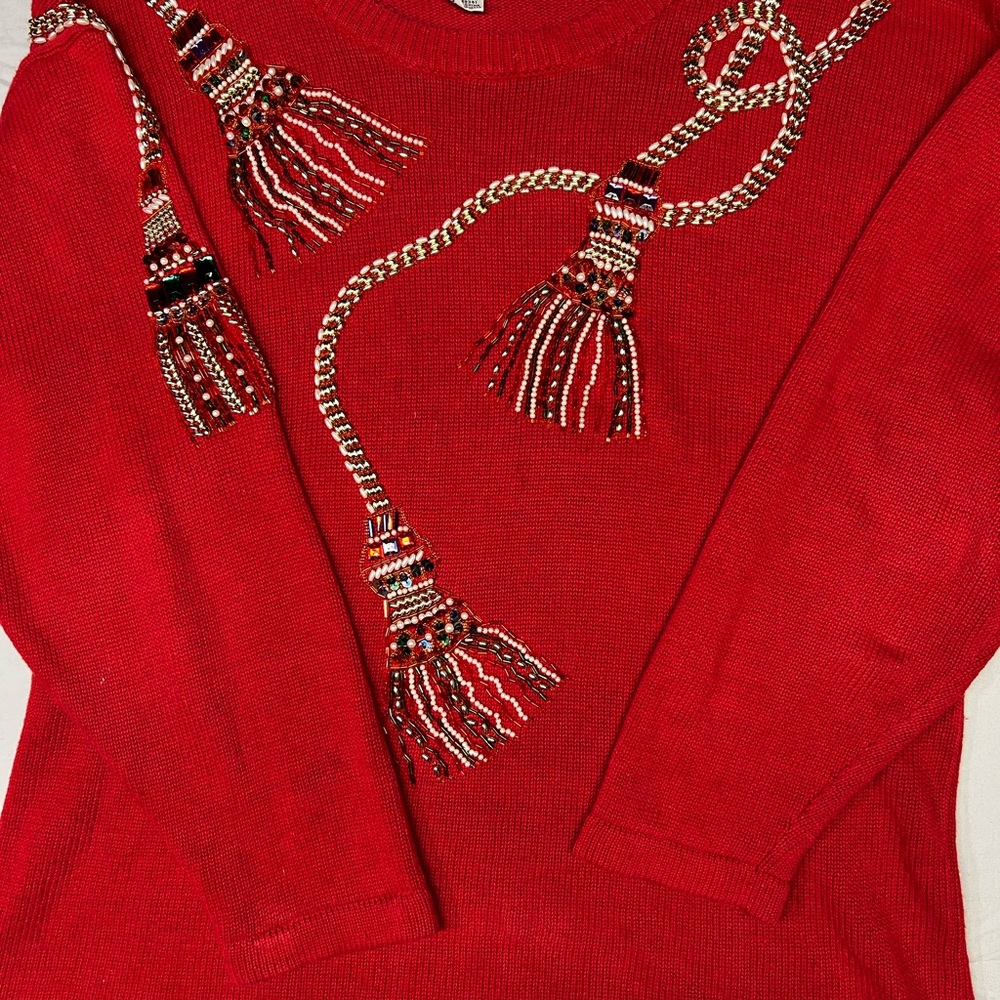 Elegant Red Beaded Women's Sweater